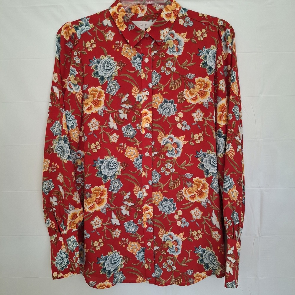 LOFT Women Top Small Red Floral Collared Luxe Button Up Colorful Blouse Femenine